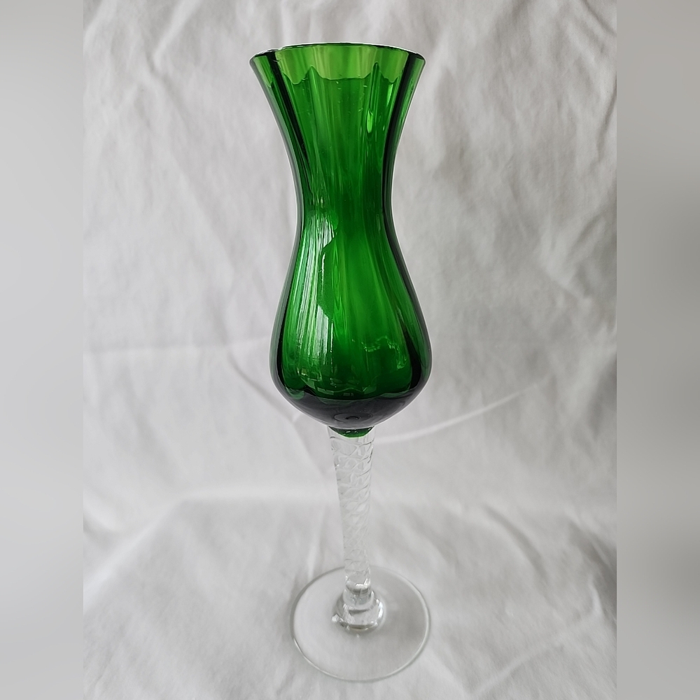 Vintage Empoli Green Optic Glass Vase Italy Twisted Clear Stem Swirl Flare Rim